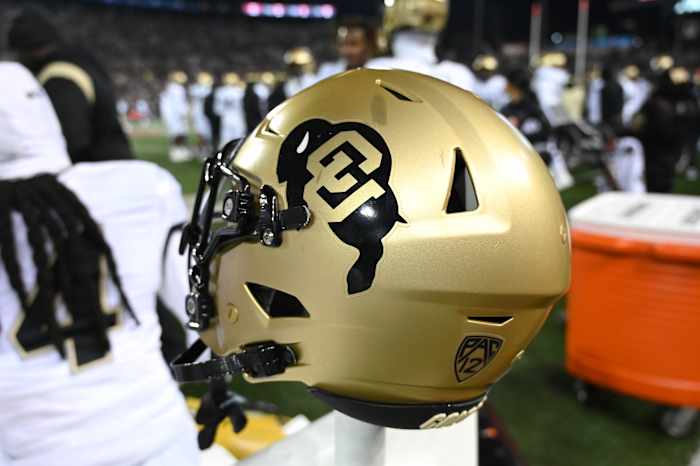 Nov 17, 2023; Pullman, Washington, USA; Colorado Buffaloes helmet sits during a game against the Washington State Cougars in the second half at Gesa Field at Martin Stadium